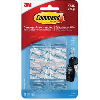 Command Clear Hooks &amp; Strips, Plastic, Mini, 6 Hooks &amp; 8 Strips/Pack