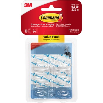 Command Clear Hooks &amp; Strips, Plastic, Mini, 18 Hooks &amp; 24 Strips/Pack