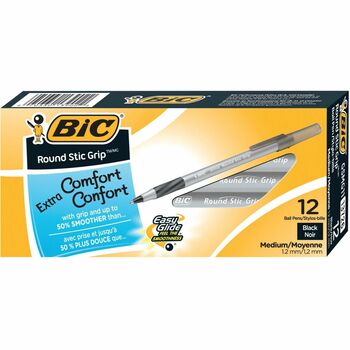 BIC Round Stic Grip Xtra Comfort Ballpoint Pen, Easy-Glide, Stick, Medium 1.2 mm, Black Ink, Gray/Black Barrel, Dozen