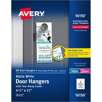 Avery Inkjet and Laser Two-Sided Printing Uncoated Door Hanger with Matte Tear-Away Cards, 4.25&quot; x 11&quot;, White, 80 Sheets/Pack