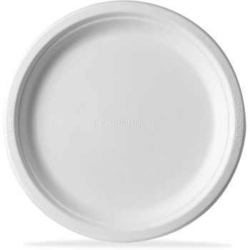 Eco-Products Renewable and Compostable Round Plates, Sugarcane, 9&quot;, White, 50 Plates/Pack