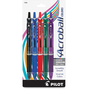 Pilot Acroball Colors Ball Point Pen, 1mm, Black/Blue/Green/Purple/Red, 5/Pack