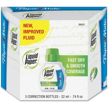 Paper Mate Liquid Paper Fast Dry Correction Fluid, 22 ml Bottle, White, 3/Pack