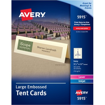 Avery Printable Large Tent Cards, Uncoated, 3.5&quot; x 11&quot;, Matte Ivory with Embossed Border, 50 Sheets/Pack