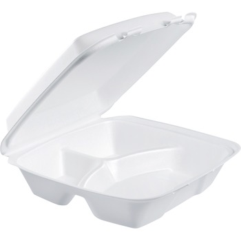 Dart Large Carryout Container, 3 Compartment, Foam, Square, 9&quot; L x 9&quot; W, White, 200/Carton