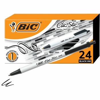 BIC Clic Stic Ballpoint Pen Value Pack, Retractable, Medium 1 mm, Black Ink, White Barrel, 24/Pack