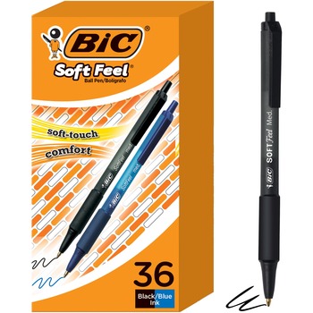 BIC Soft Feel Ballpoint Pen Value Pack, Retractable, Medium 1 mm, Assorted Ink and Barrel Colors, 36/Pack