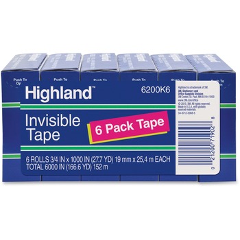 Highland Invisible Tape, 6200K6, 3/4 in x 1000 in, 6/Pack