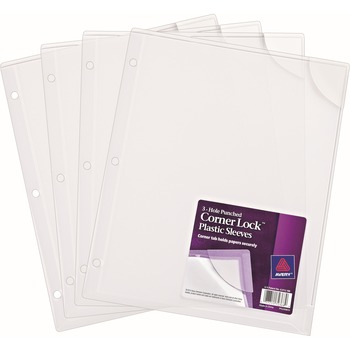 Avery Corner Lock&#174; 3-Hole Punched Plastic Sleeves, 11 3/4&quot; x 9 1/2&quot;, 4/PK