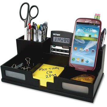 Victor Midnight Black Desk Organizer with Smartphone Holder, 10 1/2 x 5 1/2 x 4, Wood