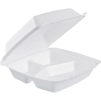 Dart Foam Container, Hinged Lid, 3-Comp, 8 3/8 x 7 7/8 x 3 1/4, 200/Carton