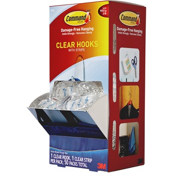 Command Clear Hooks &amp; Strips, Plastic, Medium, 50 Hooks w/50 Adhesive Strips per Carton