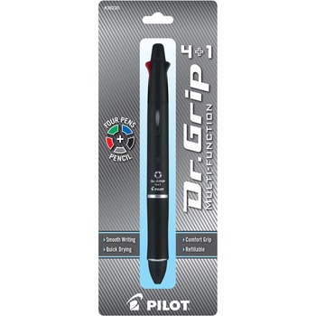 Pilot Dr. Grip 4 + 1 Multi-Function Pen/Pencil, 4 Assorted Inks, Black Barrel