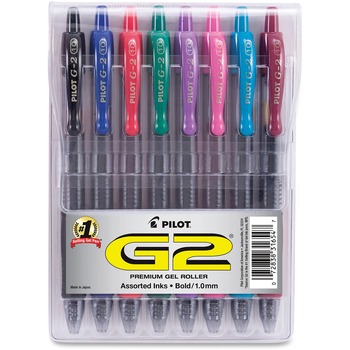 Pilot G2 Premium Retractable Gel Ink Pen, Bold Point, Assorted Ink, 1mm, 8/Pack