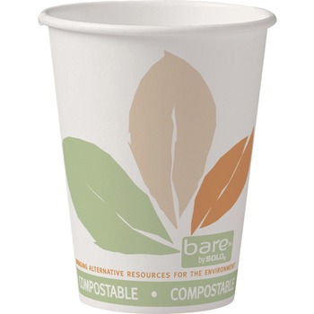Bare by Solo Bare PLA Hot Cups, 12 oz, Paper, White With Leaf Design, 50/Bag, 20 Bags/Carton