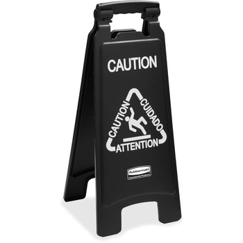 Rubbermaid Commercial Executive 2-Sided Multi-Lingual Caution Sign, Black/White, 10 9/10 x 26 1/10