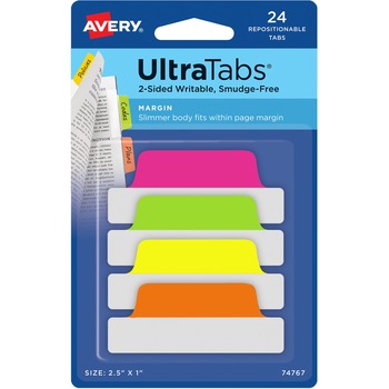 Avery Ultra Tabs&#174; Repositionable Margin Tabs, Two-Side Writable, 2 1/2&quot;&quot; x 1&quot;&quot;, Neons, 24/PK