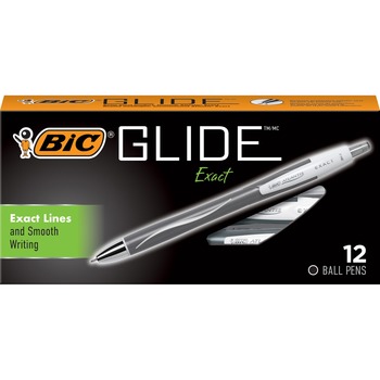 BIC GLIDE Exact Ballpoint Pen, Retractable, Fine 0.7 mm, Black Ink, Black Barrel, Dozen