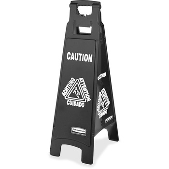 Rubbermaid Commercial Executive 4-Sided Multi-Lingual Caution Sign, Black/White, 11 9/10 x 38