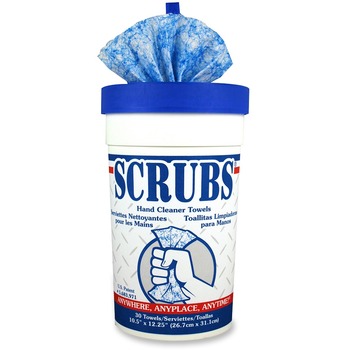 SCRUBS Hand Cleaner Towels, Cloth, 10 1/2 x 12 1/4, Blue/White, 30/Canister