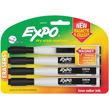 EXPO Magnetic Dry Erase Marker, Fine Tip, Black, 4/PK