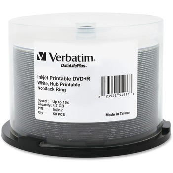 Verbatim Inkjet Printable DVD+R Discs, 4.7GB, 16x, Spindle, White, 50/Pack