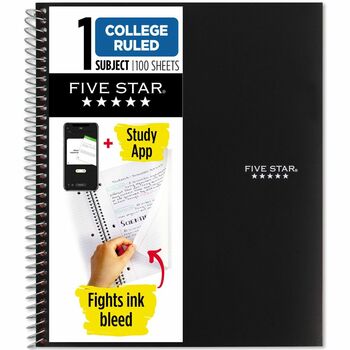 Five Star 3-Hole Punched, Wirebound Notebook, College Ruled, 8.5&quot; x 11&quot;, White Paper, Black Cover, 100 Sheets