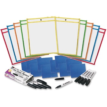 Charles Leonard, Inc. Dry Erase Pocket Class Pack, Assorted Primary Colors, 10/Pack