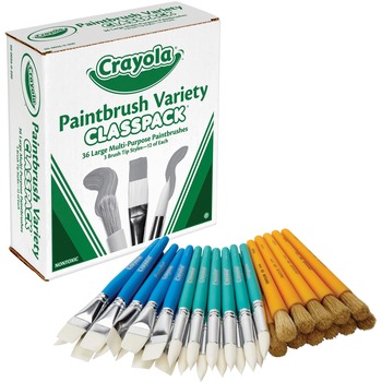 Crayola Large Variety Paint Brush Classpack, Natural Bristle/Nylon, Flat/Round, 36/Set