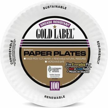 AJM Packaging Corporation Coated Round Plates, Paper, 9&quot;, White, 100 Plates/Pack, 12 Packs/Carton