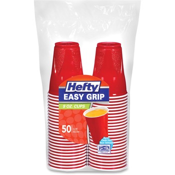 Hefty Easy Grip Disposable Plastic Party Cups, 9 oz, Red, 50/Pack, 12 PK/CT