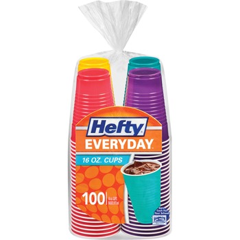 Hefty Easy Grip Disposable Plastic Party Cups, 16 oz, Assorted, 100/Pack