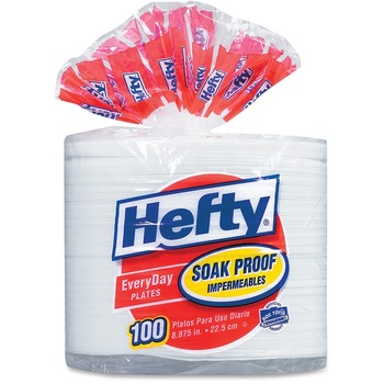 Hefty Soak Proof Round Plates, Foam, 8 7/8&quot;, White, 100 Plates/Pack, 4 Packs/Carton