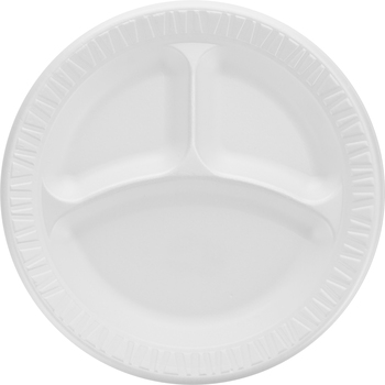 Dart 3 Compartment Round Plates, Laminated Foam, 9&quot;, White, 125 Plates/Pack, 4 Packs/Carton