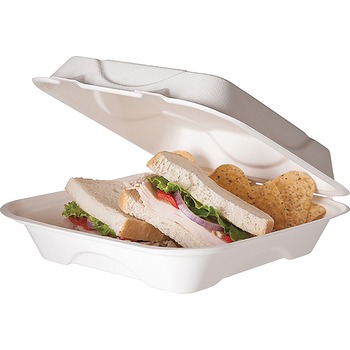 Eco-Products Renewable &amp; Compostable Clamshell Container, Bagasse, Square, 9&quot; L x 9&quot; W x 3&quot; H, White, 50/Pack, 4 Pack/Carton