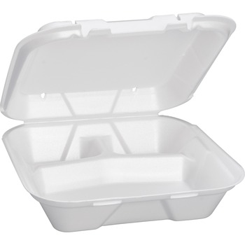 Genpak Snap It Container, 3 Compartments, Foam, Square, 9-1/4&quot; L x 9-1/4&quot; W x 3&quot; H, White, 100/Bag, 2 Bags/Carton