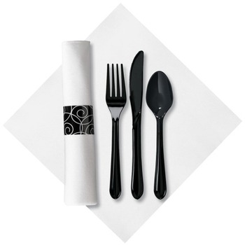 Hoffmaster CaterWrap Disposable Cutlery Catering Kit (Knives, Forks, Spoons, Napkin), Heavy Weight, Plastic, Black, 100 Kits/Carton
