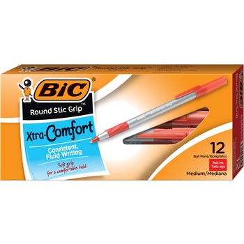BIC Round Stic Grip Xtra Comfort Ballpoint Pen, Easy-Glide, Stick, Medium 1.2 mm, Red Ink, Gray/Red Barrel, Dozen