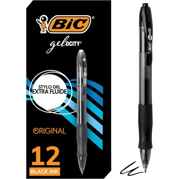 BIC Gel-ocity Gel Pen, Retractable, Medium 0.7 mm, Black Ink, Translucent Black Barrel, Dozen