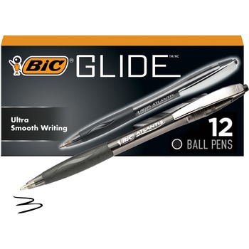 BIC GLIDE Ballpoint Pen, Retractable, Medium 1 mm, Black Ink, Black Barrel, Dozen