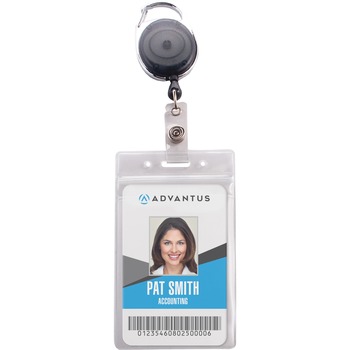Advantus Resealable ID Badge Holder, Cord Reel, Vertical, 2 5/8 x 3 3/4, Clear, 10/Pack