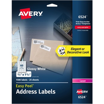 Avery Glossy White Easy Peel Mailing Labels, 2/3 x 1 3/4, 60/Sheet, 25 Sheets/PK
