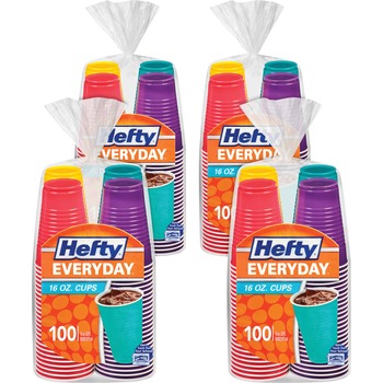 Hefty Easy Grip Disposable Party Cups, 16 oz, Plastic, Assorted Colors, 100/Pack, 4 Packs/Carton