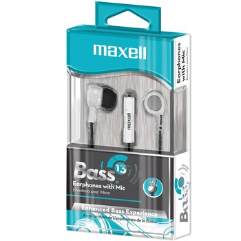 Maxell B-13 Bass Earbuds with Microphone, White, 52&quot; Cord