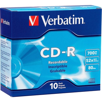 Verbatim CD-R Discs, 700MB/80min, 52x, w/Slim Jewel Cases, Silver, 10/Pack