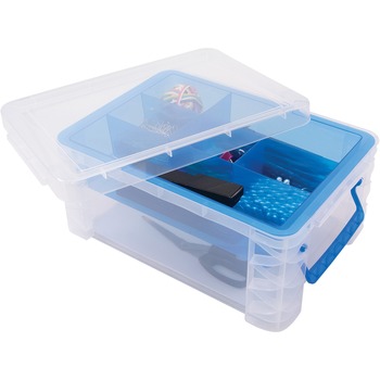 Advantus Super Stacker Divided Storage Box, Clear w/Blue Tray/Handles, 10.3 x 14.25x 6.5