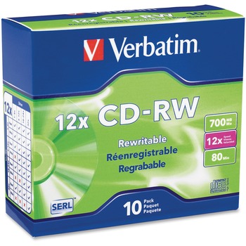 Verbatim CD-RW Discs, 700MB/80min, 12x, w/Slim Jewel Cases, Silver, 10/Pack