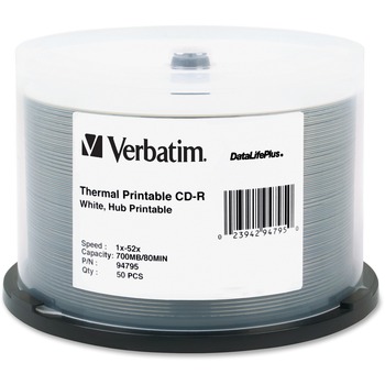 Verbatim Printable CD-R Discs, 700MB/80min, 52x, Spindle, White, 50/Pack