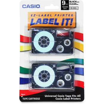 Casio Tape Cassettes for KL Label Makers, 9mm x 26ft, Black on Clear, 2/Pack