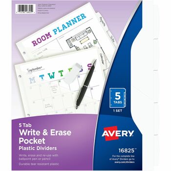 Avery Write &amp; Erase Plastic Dividers w/Pocket, 5-Tab, 9 1/4&quot; x 11 1/8&quot;, White